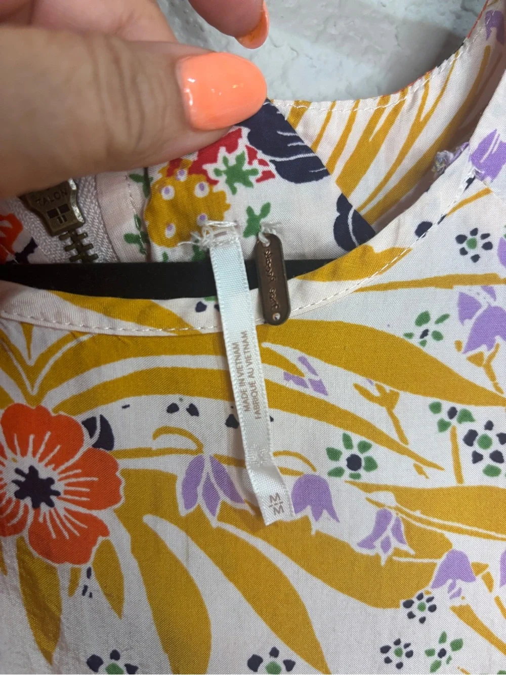 Free People Cream Floral High-Low Swing Dress with Orange and Navy Accents